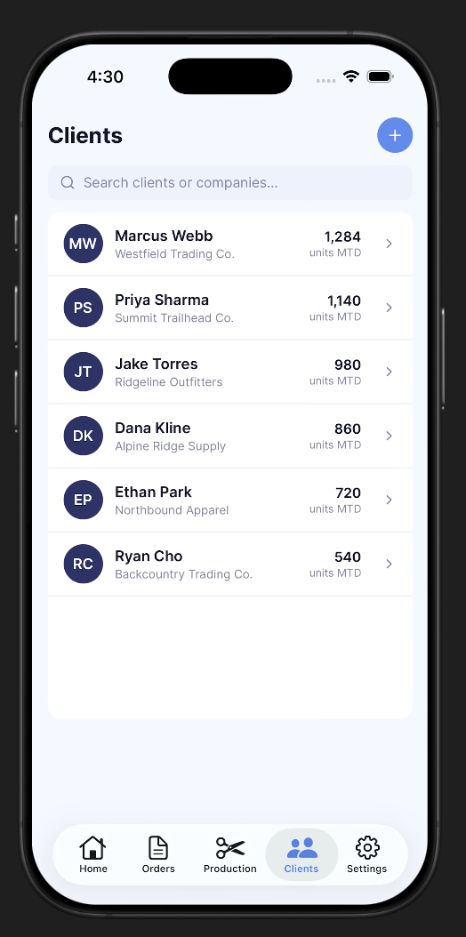 Clients screen — searchable client list with company names and units month-to-date, and bottom navigation with Home, Orders, Production, Clients, and Settings