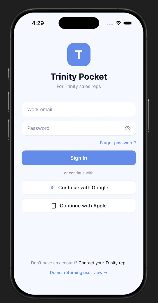 Trinity Pocket login screen — work email and password fields, Sign In button, Google and Apple SSO, and a demo returning-user link