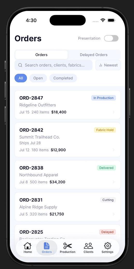 Orders screen — searchable order list with a Presentation mode toggle, Open and Completed segmented tabs, and status pills including In Production, Fabric Hold, Delivered, Cutting, and Delayed