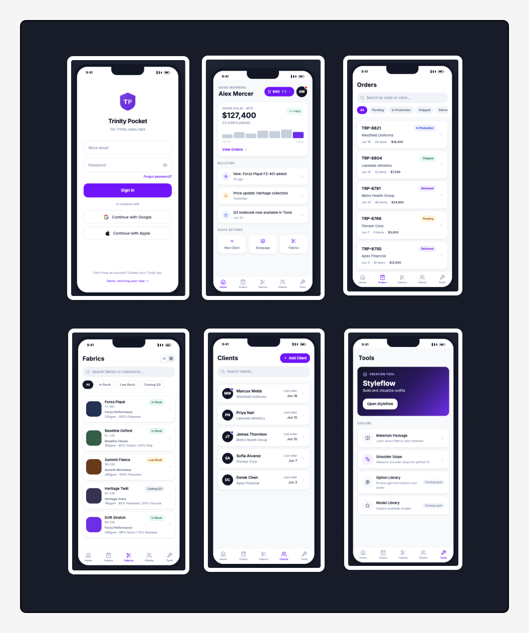 Trinity Pocket prototype screens — Login, Dashboard, Orders, Fabrics, Clients, and Tools hub