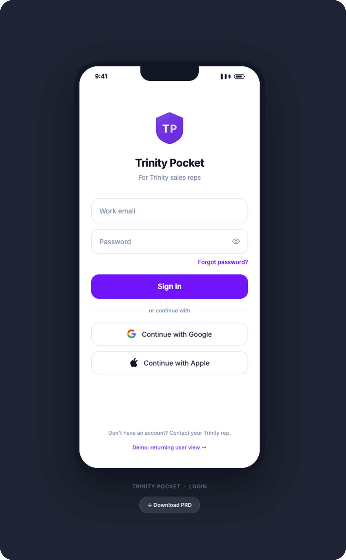 Trinity Pocket login screen — branded shield icon, email/password, Google and Apple SSO, biometric path